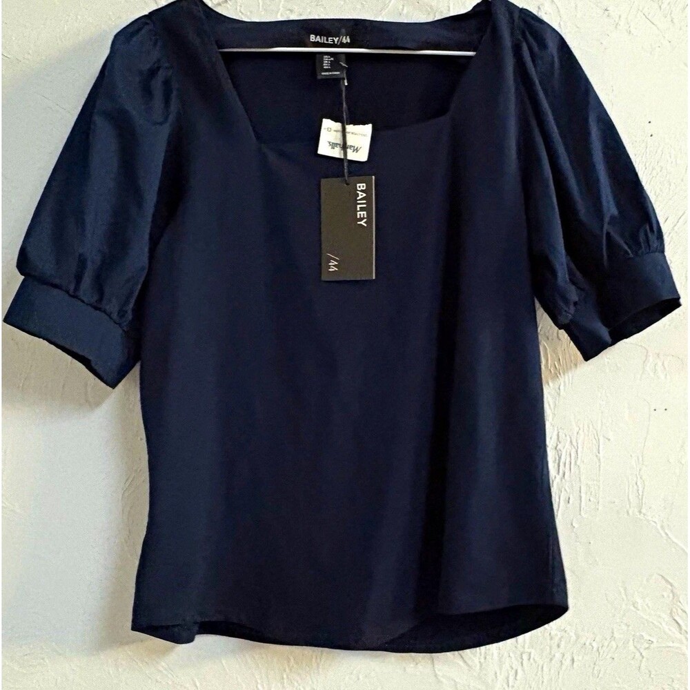 BAILEY/44 Women’s Blouse L Navy Solid Square Neck Puff Short Sleeve Pullover